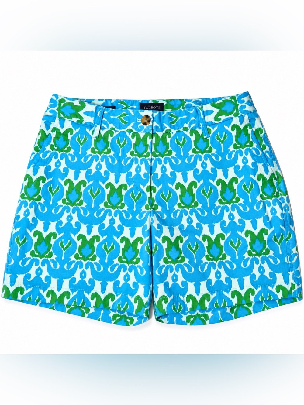 Talbots Relaxed Chino Shorts Women size 2P Blue Green Print 6” Stretch Cotton